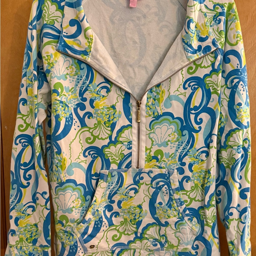Lilly Pulitzer pop over Blue and Green Patterned Jacket